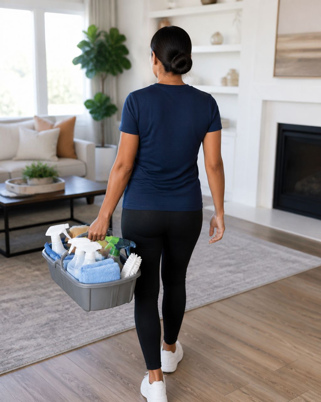 Ruffo Service cleaner in a navy uniform carrying a basket of professional cleaning supplies
