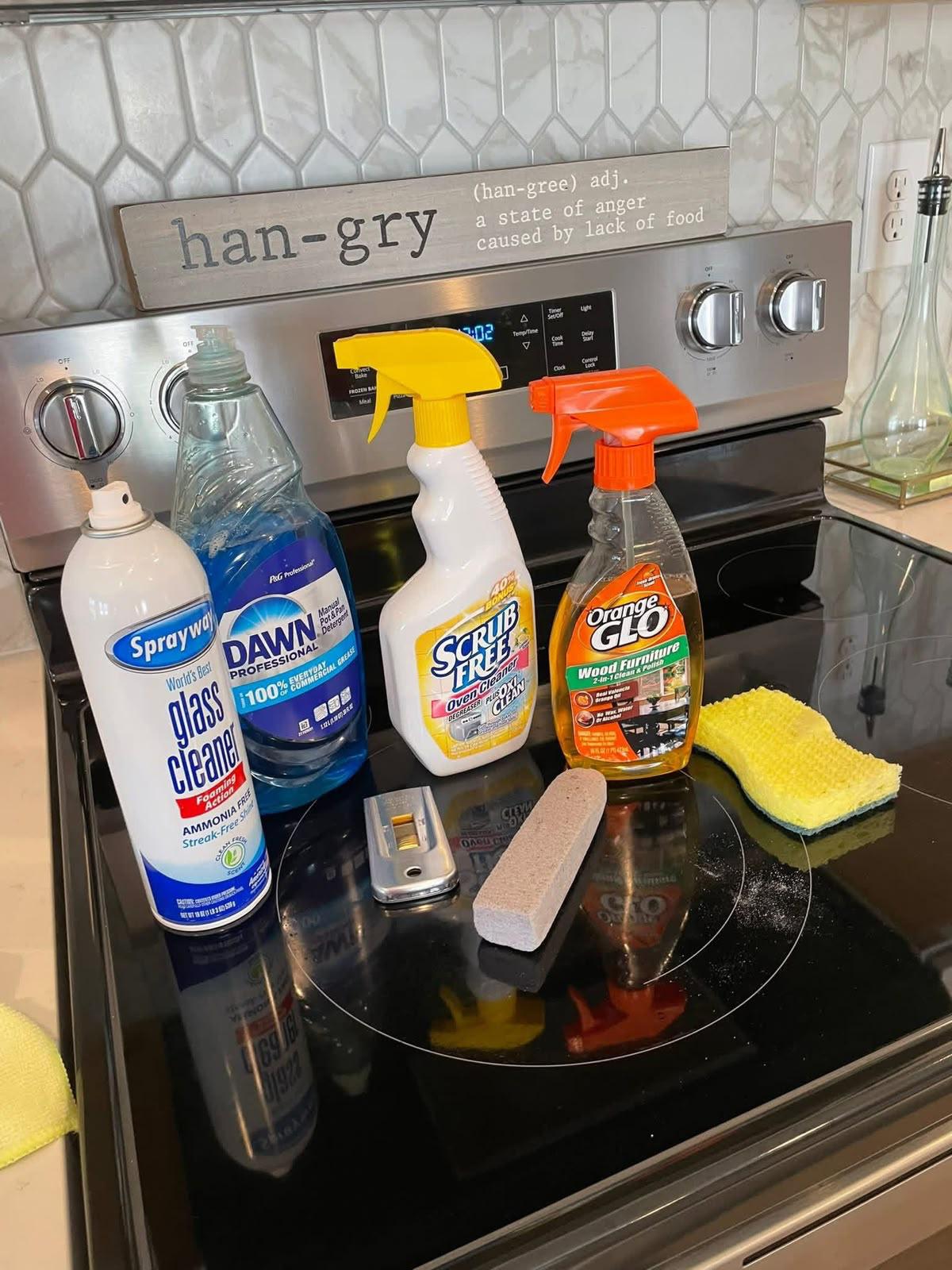 Professional cleaning products used on a kitchen range