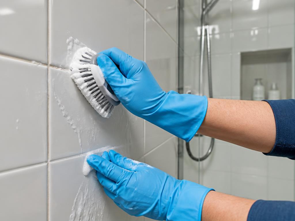 Gloved hands scrubbing shower tile during a deep cleaning