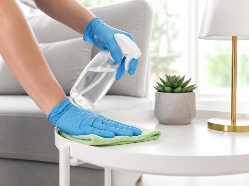 Gloved hands wiping a living room side table during a recurring cleaning